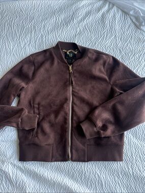 House of Harlow 1960 Brown Suede-Effect Bomber Jacket with Gold Zipper
